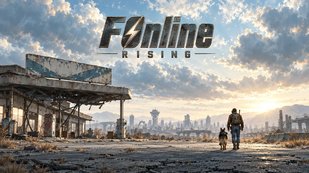A wanderer and his dog walk past a ruined gas station toward a dead city at sunrise, under the FOnline Rising logo.